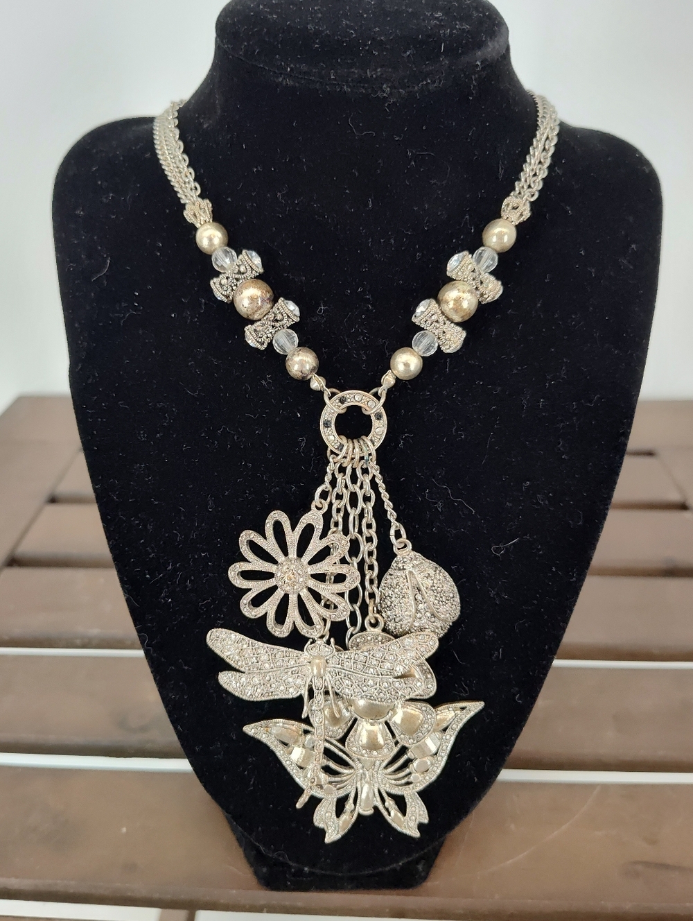 Silver Floral Butterfly & Dragonfly Pendant Statement Necklace - Women Jewelry